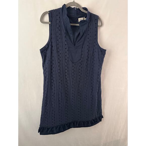 Eliza J Eyelet Shift Dress Navy Blue Tassel Sun Dress Beachy Cotton Tank Size 16 - Picture 3 of 5